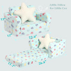 MOMCAYWEX Toddler Couch, 2-in-1 Kids Soft Couch Fold Out with Star Pillow, Foldable Sofa to Lounger, Medium, Colorful Heart