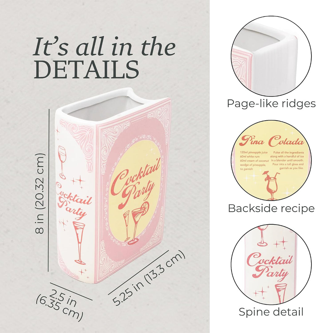 Steel Mill & Co Original Cocktail Recipe Book-Shaped Decorative Vase, Ceramic Vases for Home Decor, Vintage Inspired Kitchen and Bar Cart Decor, Unique Vase for Book Lovers (Cocktail Party)