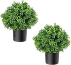 ENVEN Set of 2 Artificial Boxwood Topiary Trees for Front Door - Faux Realistic Greenery Potted Plants, Fake Outdoor UV-Resistant Bushes with Pots for Porch,Farmhouse,Home,Garden Decor