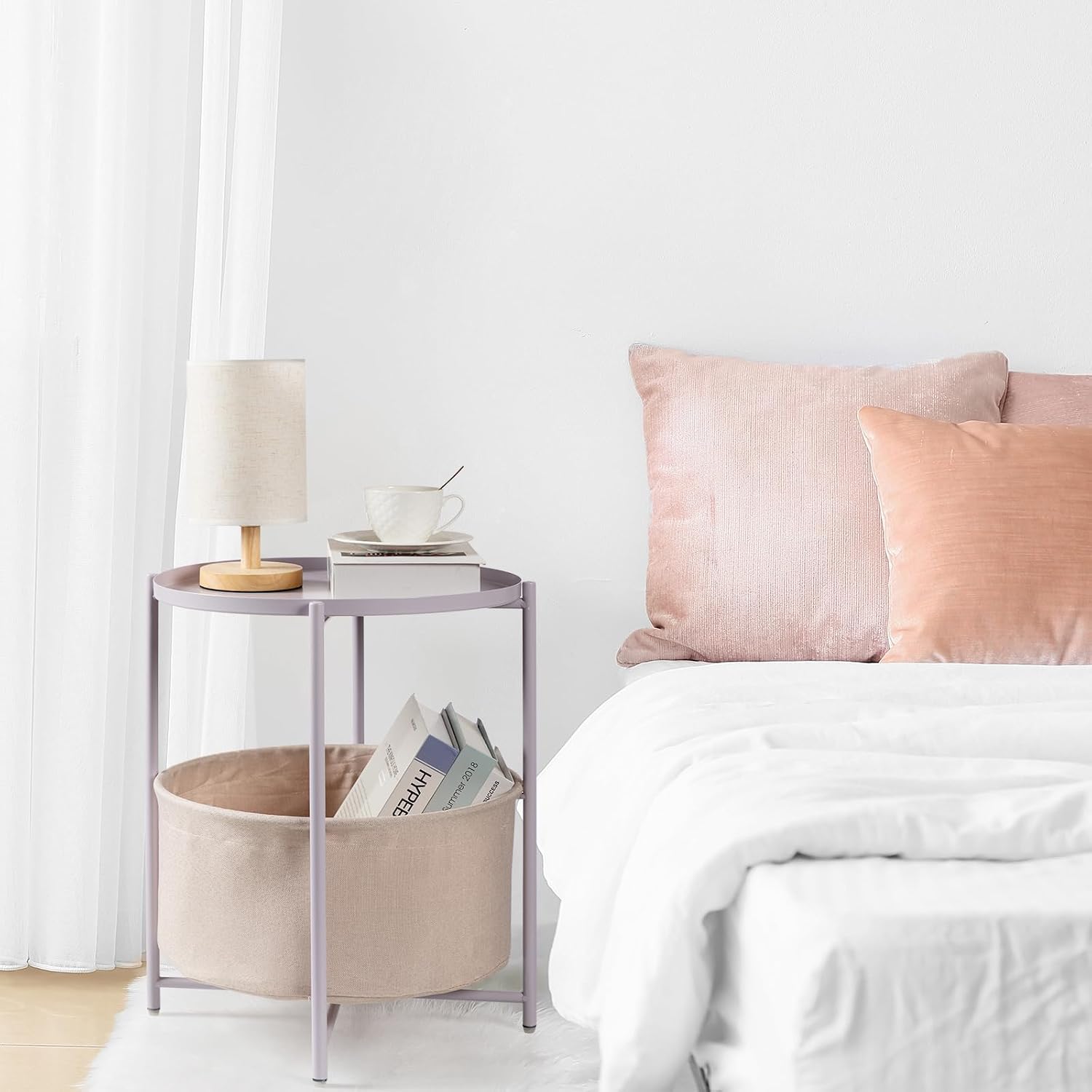 danpinera Round Side Table with Fabric Storage Basket, Small Coffee Table | Metal End Stand with Removable Serving Tray, Modern Nightstand for Small Space, Living Room, Bedroom, Nursery, Light Violet