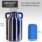 SURE YUESI Blue Ceramic Vase with Handles, Modern Farmhouse Striped Decorative Vase, 9.1" Art Deco Tall Flower Vases for Pampas Grass, Shelf Decor, Dining Table Centerpiece, Living Room Home Decor