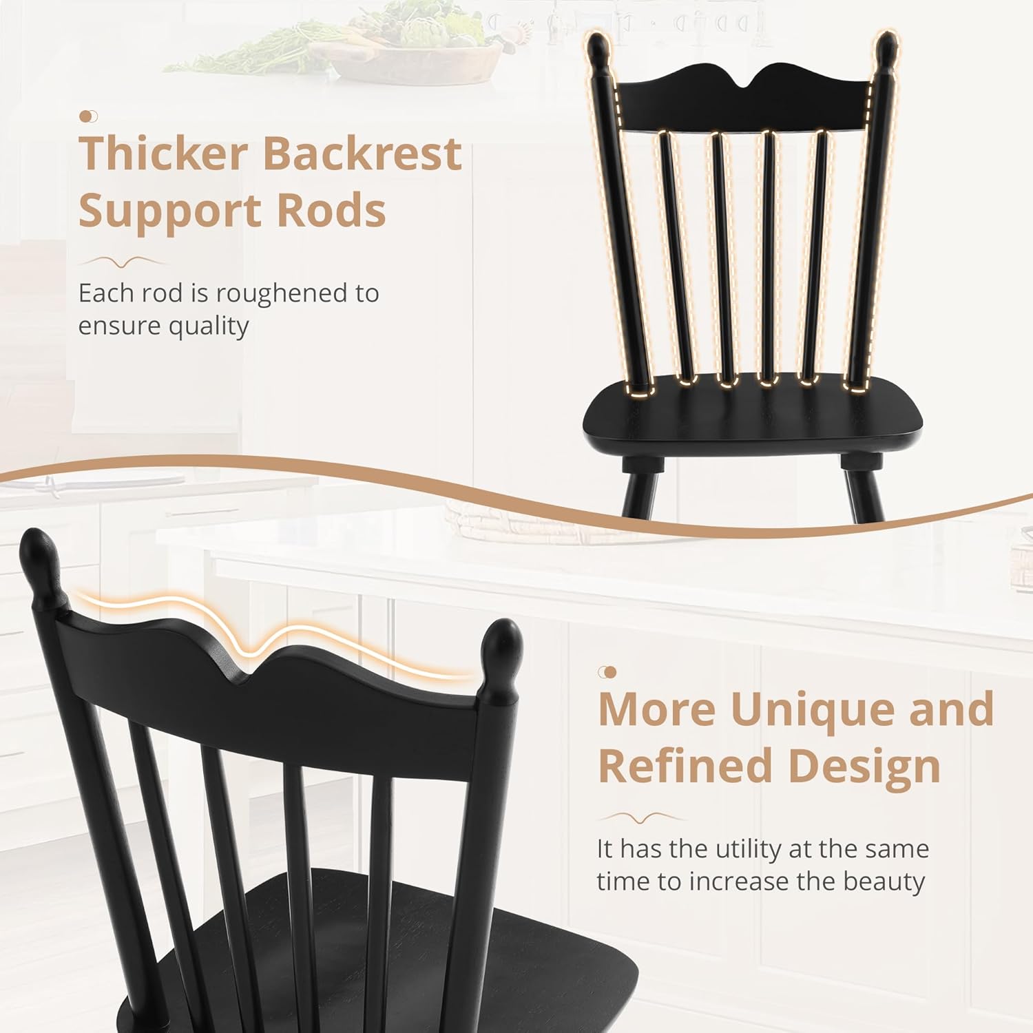 LUE BONA Black Dining Chairs Set of 6, Windsor Wooden Dining Chair with Thickened Backrest, Morden and Mid Century Kitchen Chairs for Dining Room Farmhouse, Weight Capacity 350 lbs