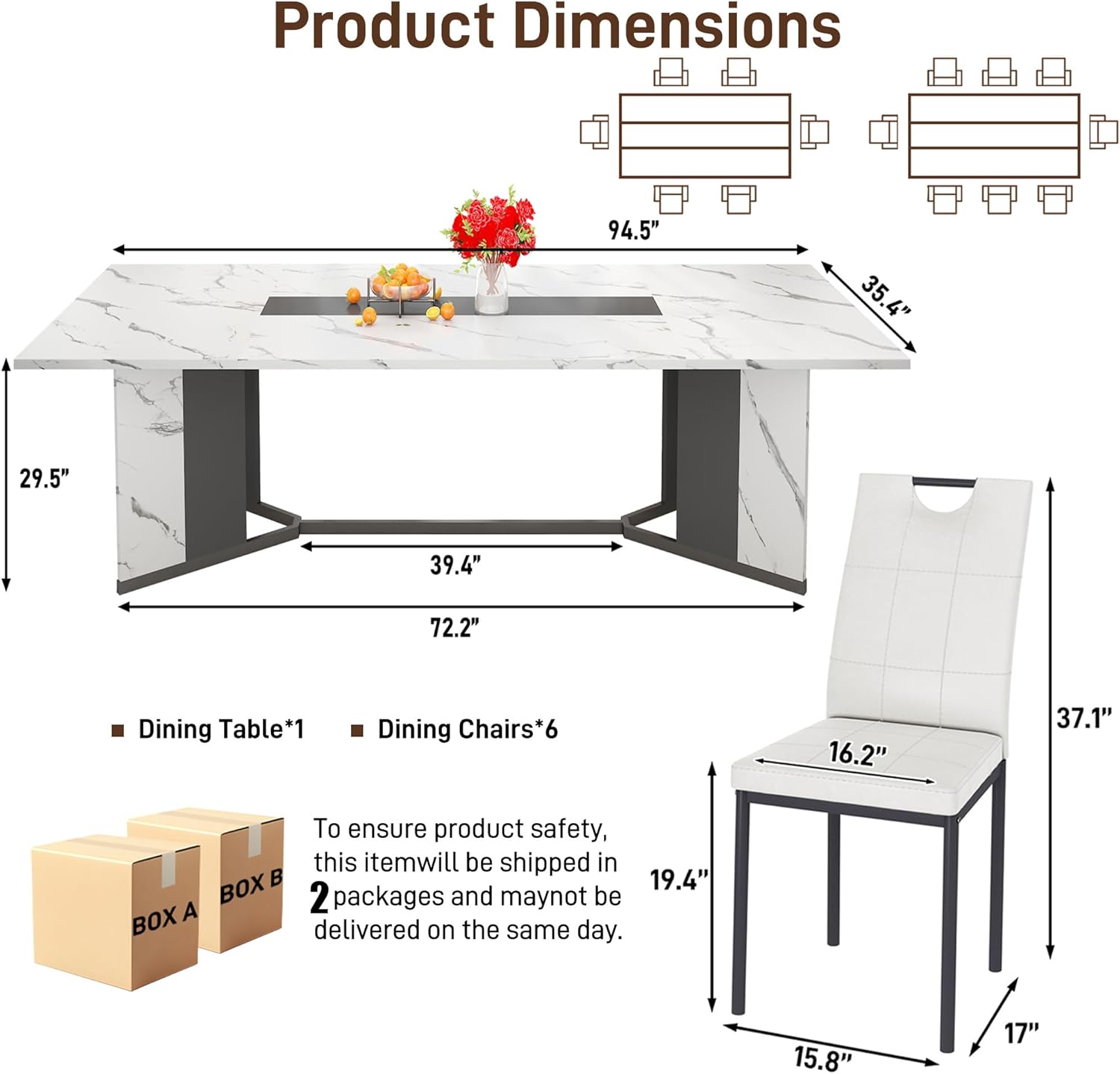 7-Piece Dining Table Set for 8 10 People, 94" Large Long Wooden Kitchen Table with 6 Cushion Chairs W/Waterproof Tabletop, Farmhouse Rectangular Dinner Table for Dining Room,Kitchen,Easy Clean