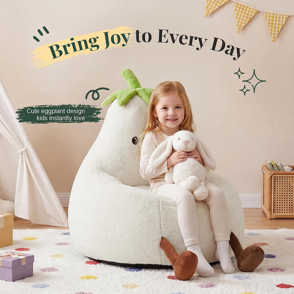 31" Kids Bean Bag Chair, Stuffed Toddler Couch with Faux Rabbit Fur Cover for Teens & Kids, Comfy Lazy Sofa Chair for Reader, Living Room, Bedroom, Aged 4-12 Years Beige