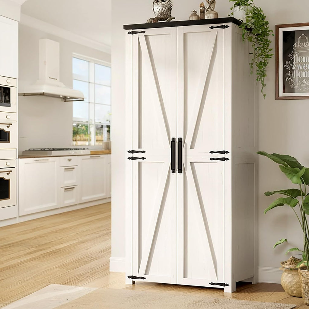 Furnaza Kitchen Pantry Cabinets - 72" Tall Craft Storage Cabinet with LED Lights, Adjustable Shelves Sewing Organizer for Craft Room/Dinning Room or Living Room, in Grian White