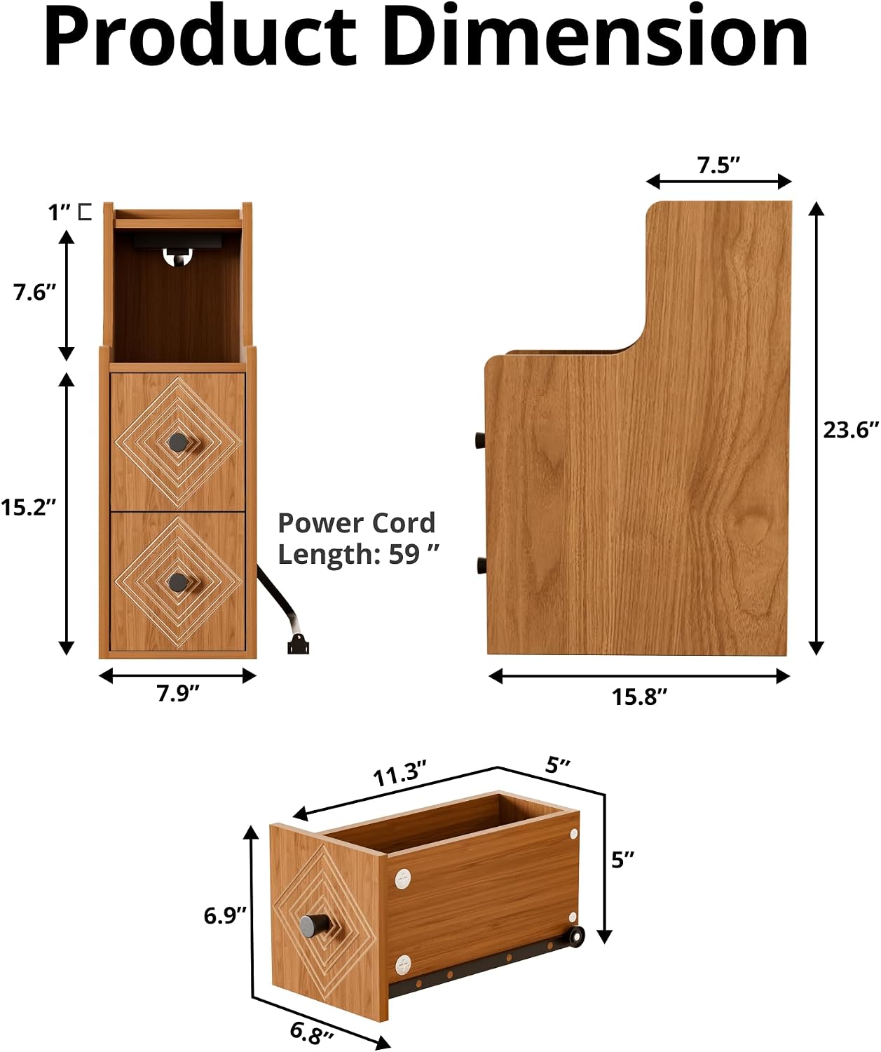 Narrow End Table Set of 2 with Charging Station, Walnut Skinny Bedside Tables with Storage Drawers, Small Side Tables for Small Spaces, Bedroom