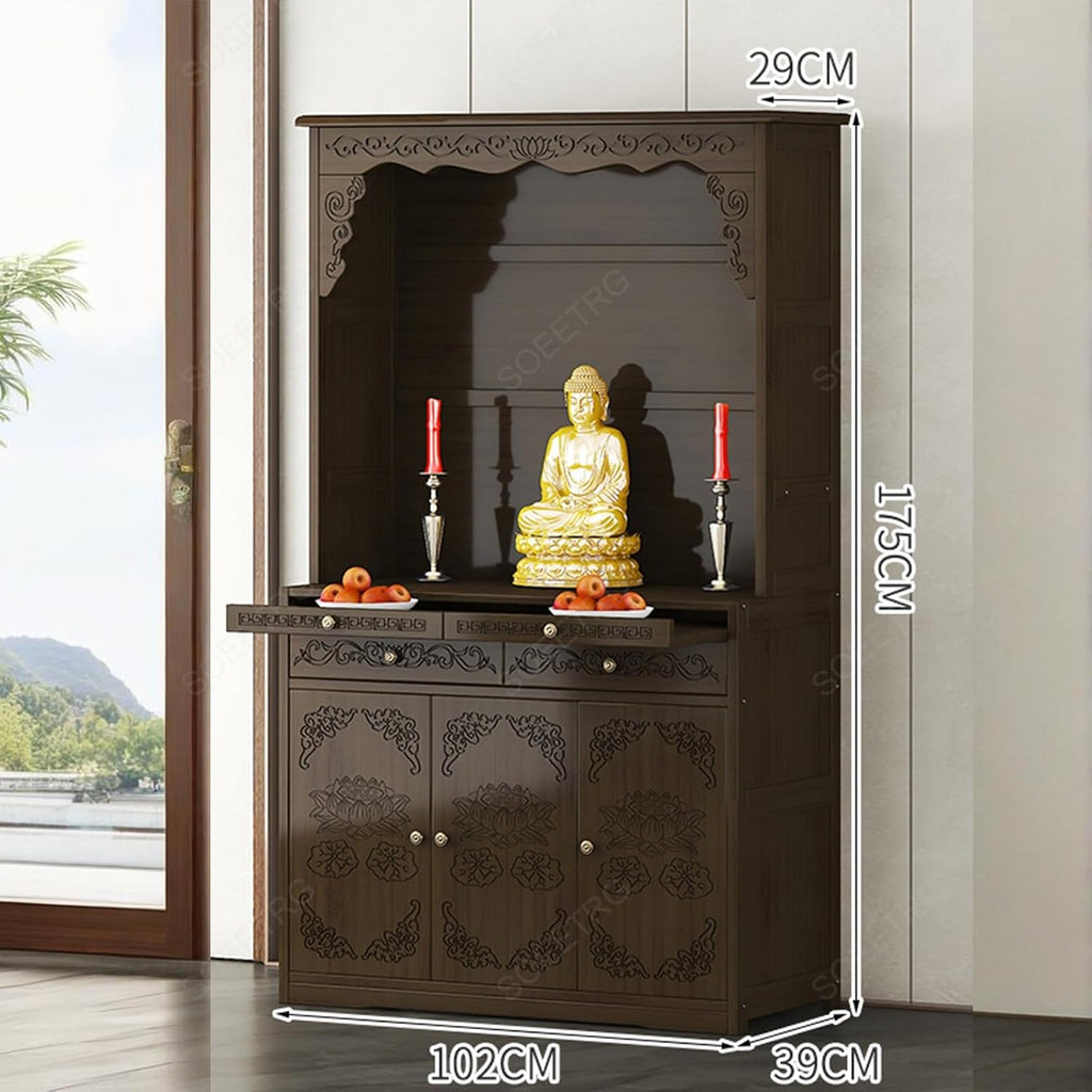 Chinese Style Wooden Prayer Altar Table with Storage Cabinet and Drawer, Buddha Shrine Display Stand, Buddhist Side Table for Living Room (Walnut-102cm)