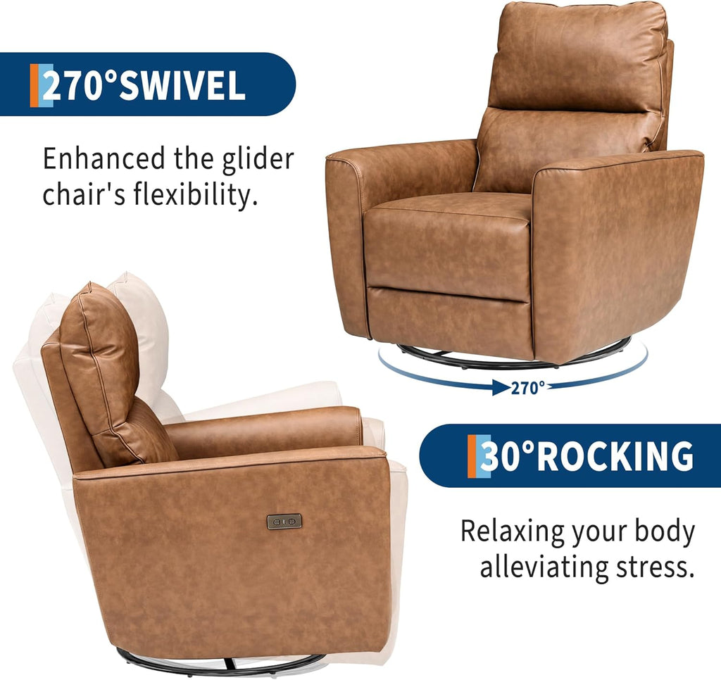 Power Recliner Chair, 270° Swivel Rocking Glider with USB Charging Port, PU Leather Upholstered Fabric, Ergonomic Modern Nursery Chair for Living Room, Bedroom, Nursery (Power Brown)