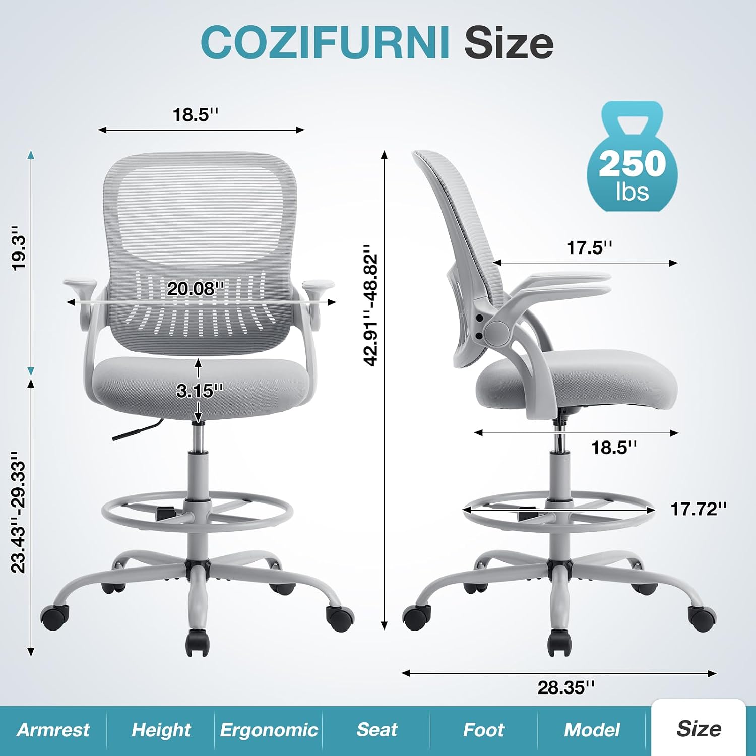 Drafting Chair Tall Office Chair for Standing Desk Counter Height Adjustable, Egronomic Lumbar Support with Flip Up Armrest, Footrest, Rolling, Grey, 1pc