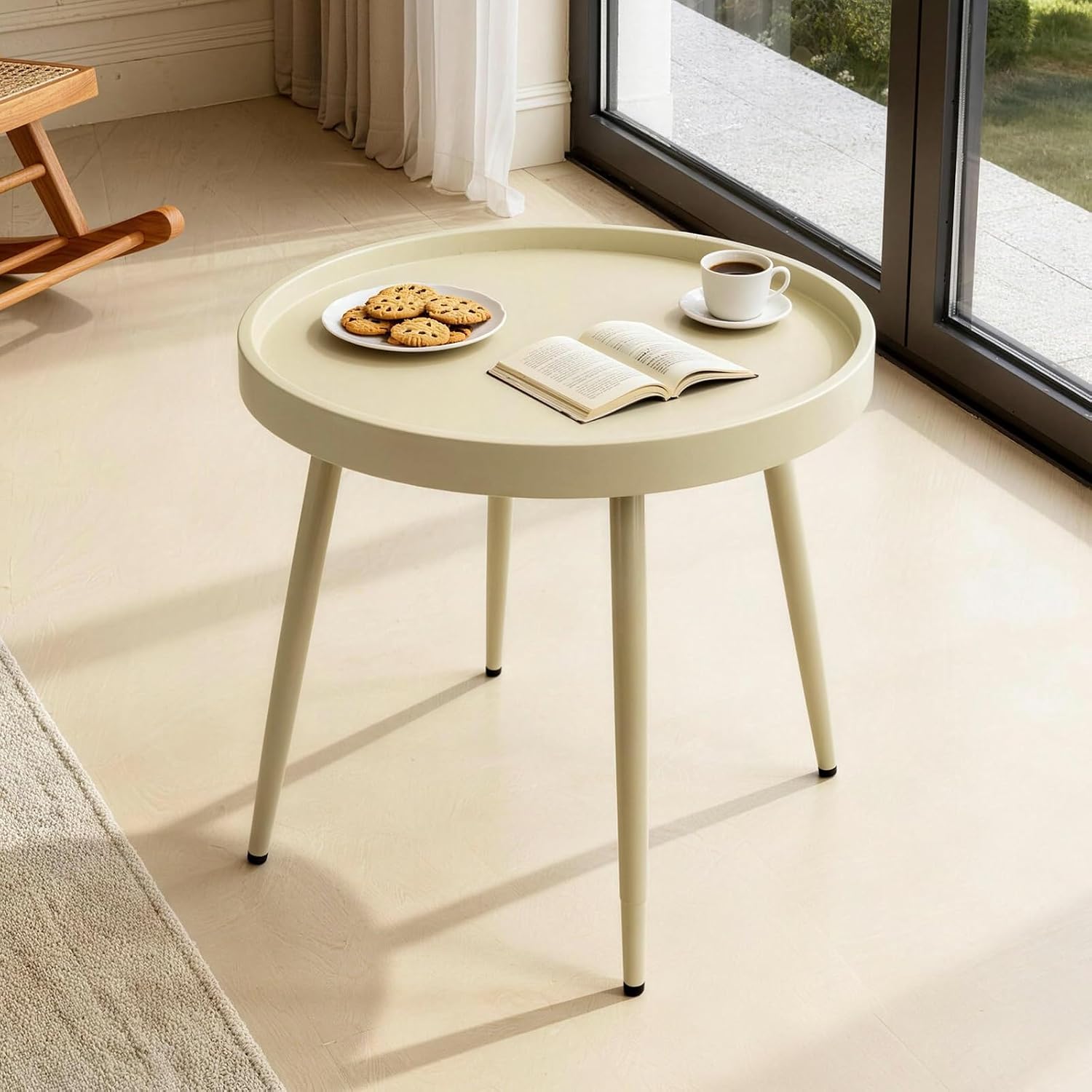 20" Round Side Table, Plastic Top, Iron Frame, Waterproof, Camel | Waterproof, easy-clean plastic top.Tool-free assembly, sets up in minutes.End table, Nightstand, Accent table. Lightweight.