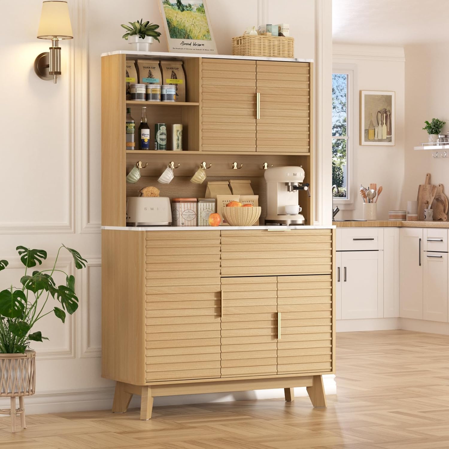 FiveWillowise Kitchen Pantry Cabinet with 4 Charging Stations, Fluted Kitchen Hutch with Large Countertop, Drawers & Shelves for Living Room, Dining Room, Modern, Natural