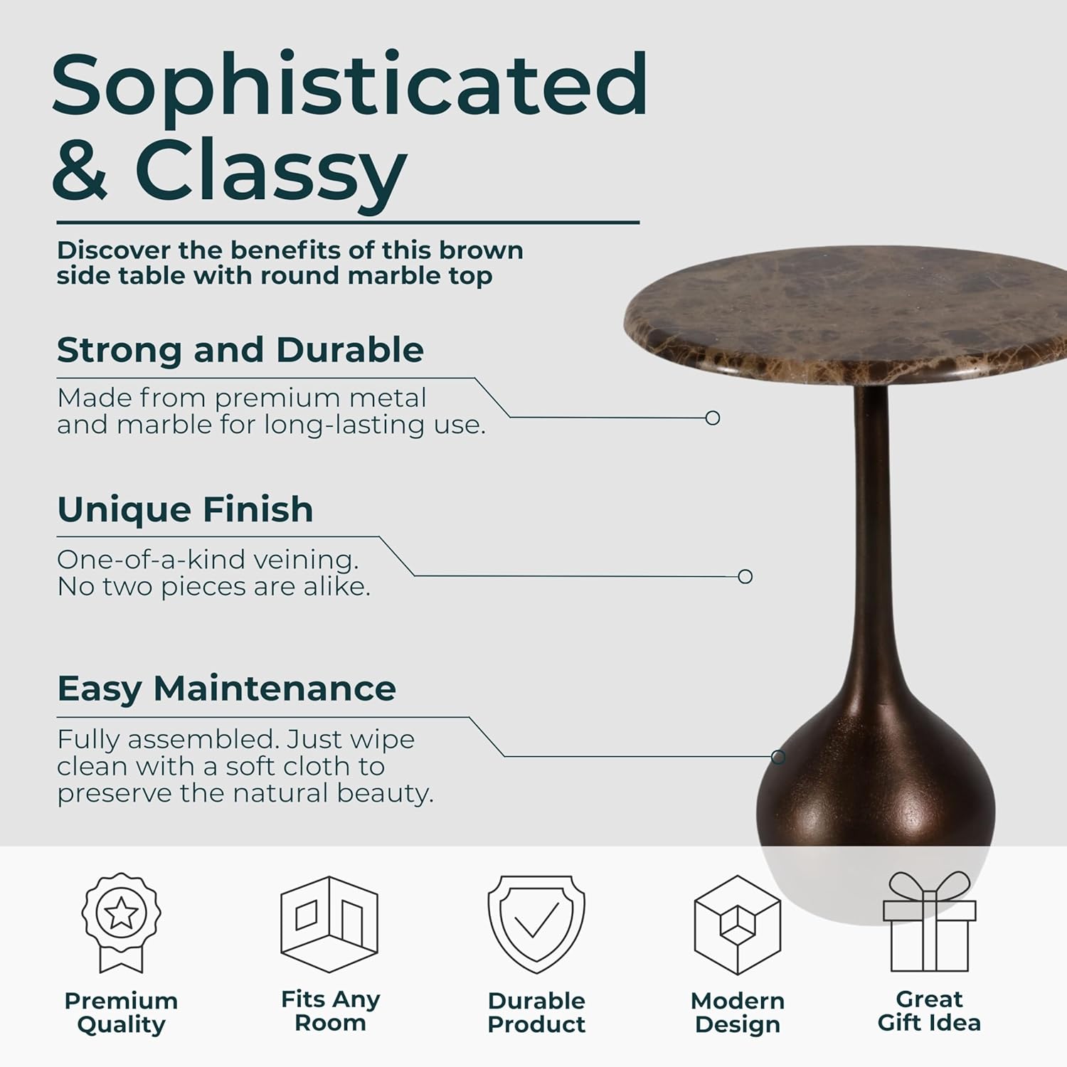 Marble Accent End Table for Home Decor - Decorative Small Table Stand for Bedroom Night Stand, Bedside, and Living Room Decor - Modern Side or Drink Table for Small Spaces - 20", Brown & Gold