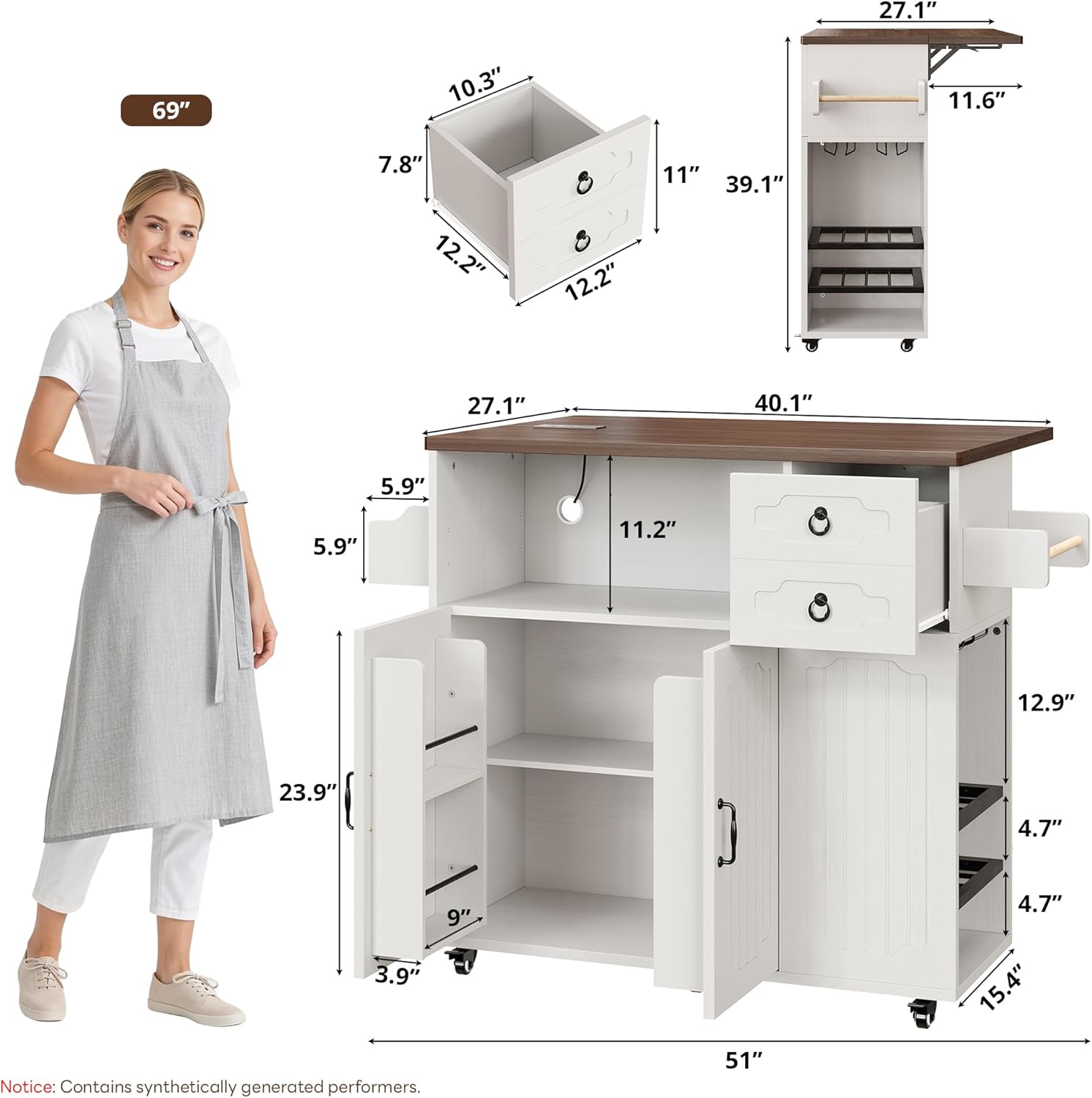 LIKIMIO Kitchen Island with Power Outlet & USB Charging, Rolling Island on Wheels with Drop Leaf, Farmhouse Kitchen Island Cart with Spice Rack, Wine Rack & Glass Holder for Small Kitchen, White
