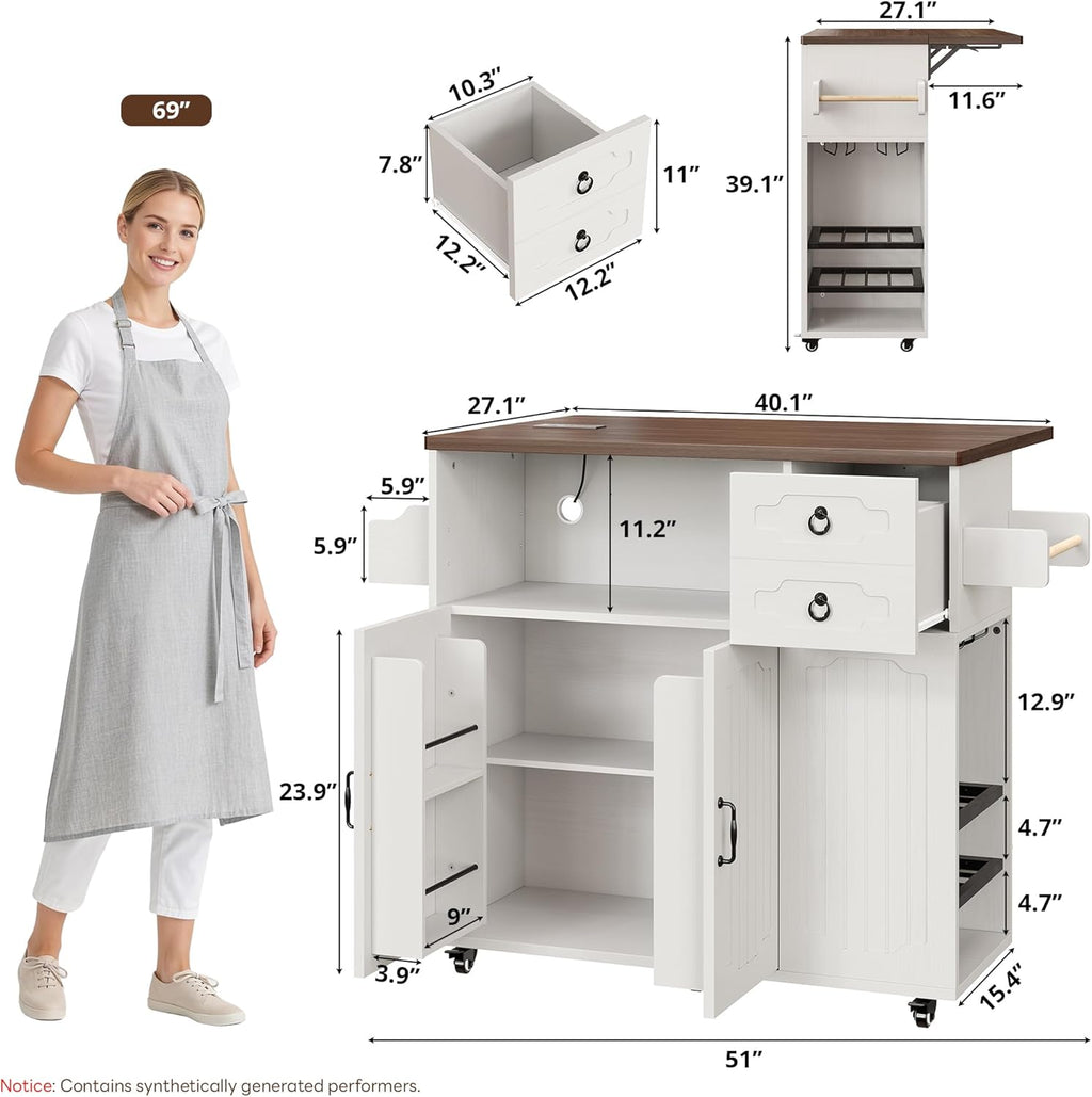 LIKIMIO Kitchen Island with Power Outlet & USB Charging, Rolling Island on Wheels with Drop Leaf, Farmhouse Kitchen Island Cart with Spice Rack, Wine Rack & Glass Holder for Small Kitchen, White