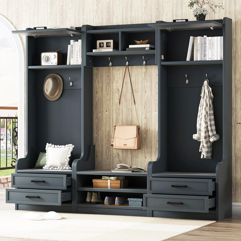 4-in-1 Detachable Entryway Hall Tree with Shoe Storage Bench, Mudroom Coat Rack with Drawers, Open Shelves and Hooks, Entryway Storage Cabinet for Hallway, Foyer (Antique Blue)