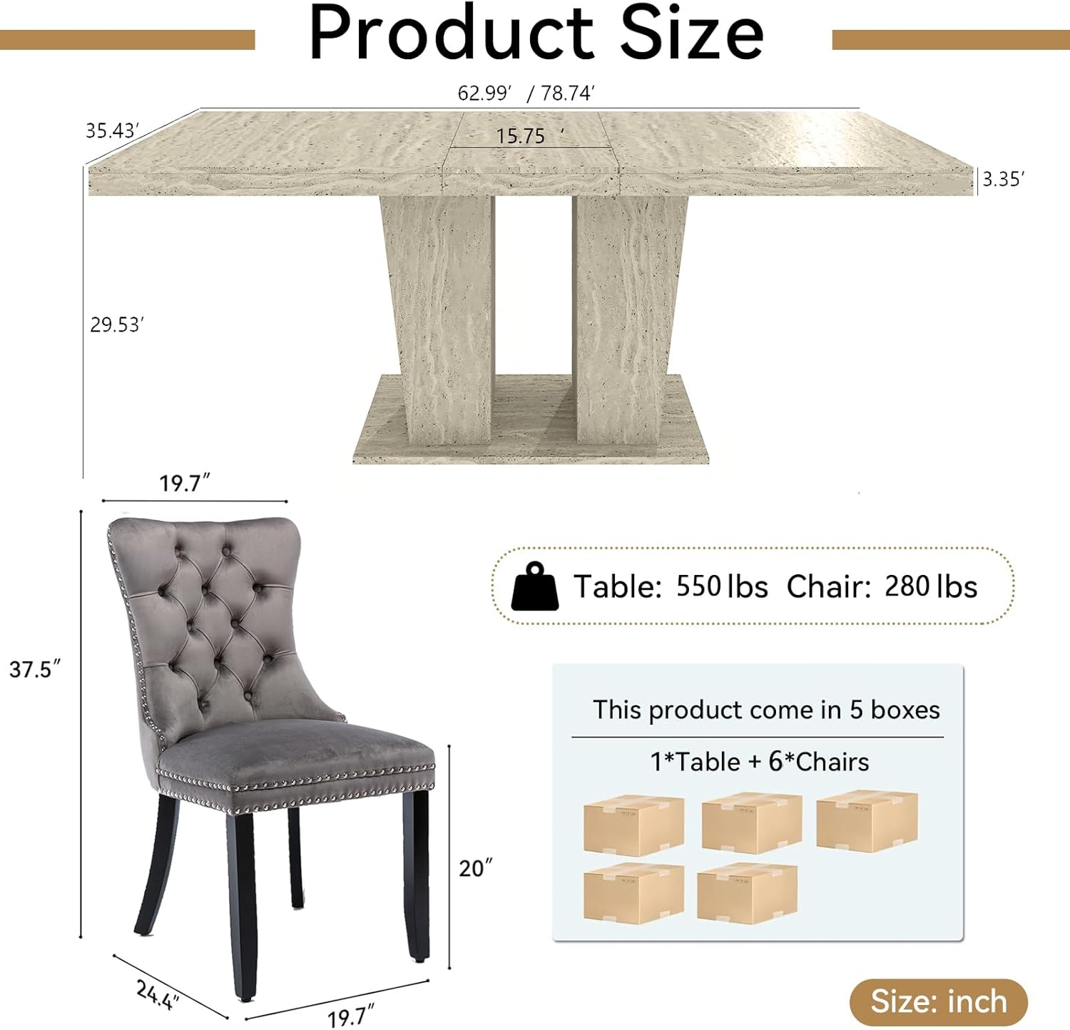 7-Piece Extendable Dining Table Set for 6, 63-78" Faux Travetine Kitchen Table Set for 6 with Grey Tufted Chairs, Rectangular Expandable Dining Room Table with Dual Columns Base,Space-Saving