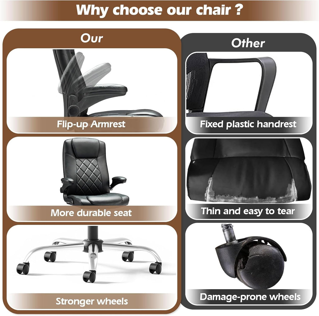 ZZW Executive Office Chair w/Flip-Up Arms Managerial Home Desk Chair w/Lumbar Support Adjustable PU Leather Ergonomic Computer Chair