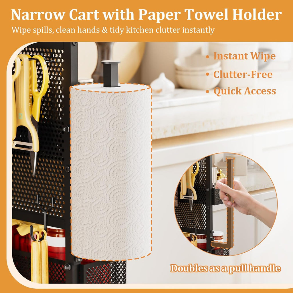 Slim Storage Cart, Narrow Rolling Cart with Wooden Top, Kitchen Cart on Wheels with Paper Towel Holder, Small Skinny Utility Cart for Laundry Room Bathroom, Thin Standing Spice Rack Snack Cart