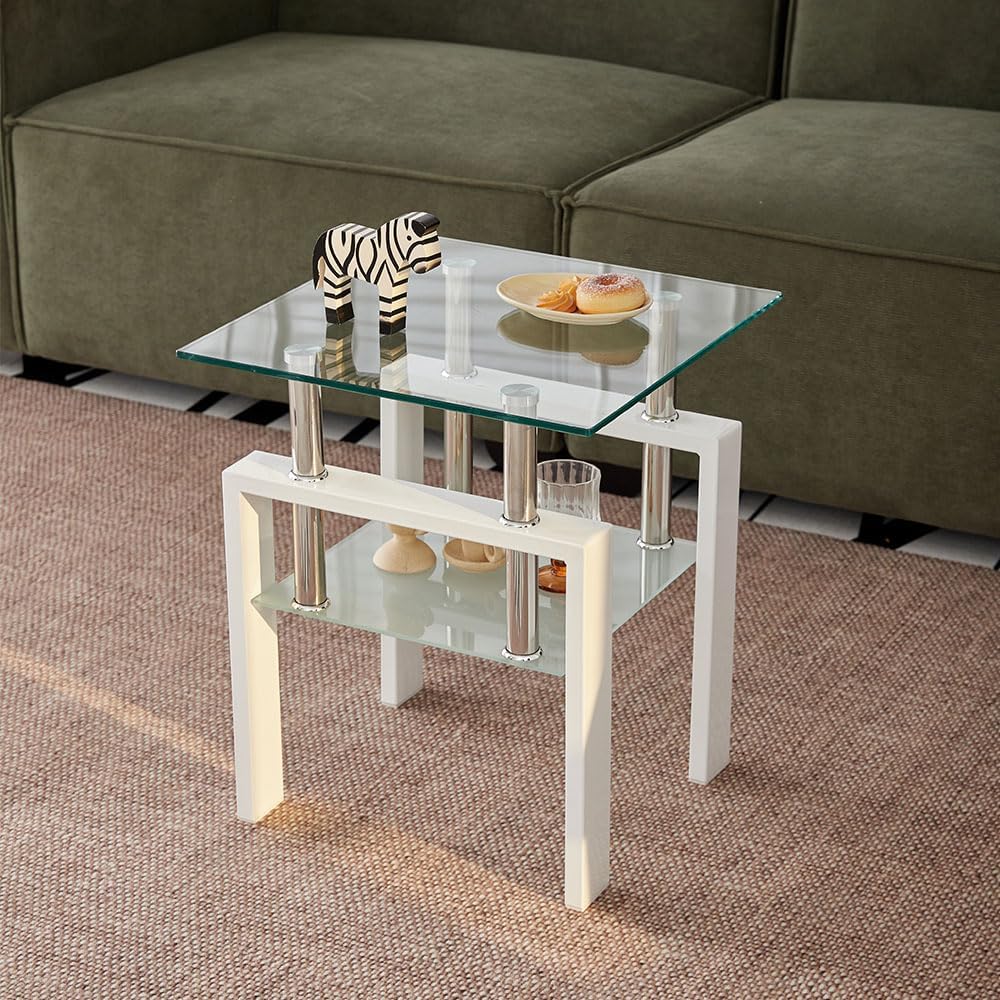 1PC Glass End Table - Modern Two Tiered Clear Nightstand Side Tables, Square Tempered Glass Table with White Metal Frame for Living Room or Bedroom 17.72" x 17.72" x 20.47"H