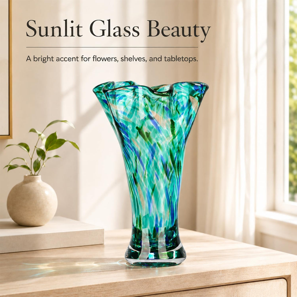 9.0" H Teal Glass Vases for Flowers, Unique Hand Blown Glass Vase Green Home Decor, Wide Mouth Colorful Flower Vase Centerpieces, for Living Room Table Bookshelf, Bathroom Office Shelf Decorative