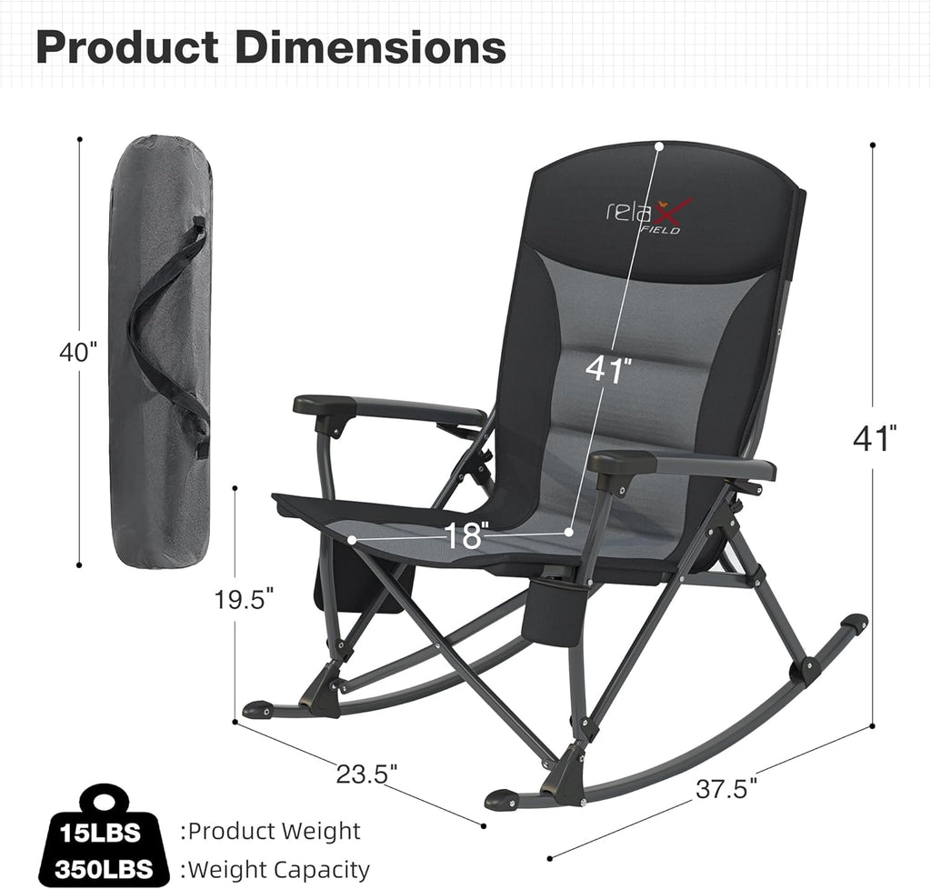 Rocking Camping Chair for Adults, Portable Chairs with Cup Holder and Side Pocket, Outdoor Folding Rocker Chair (Black)