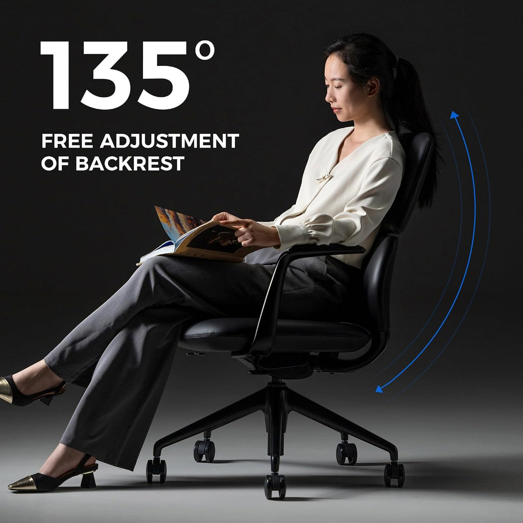 TOMU Genuine Leather Office Desk Chair with Wheels, Ergonomic Leather Executive Chair, Mid Back, Swivel Base with Adjustable Tilt, Modern Style, Luxury Aluminum Frame