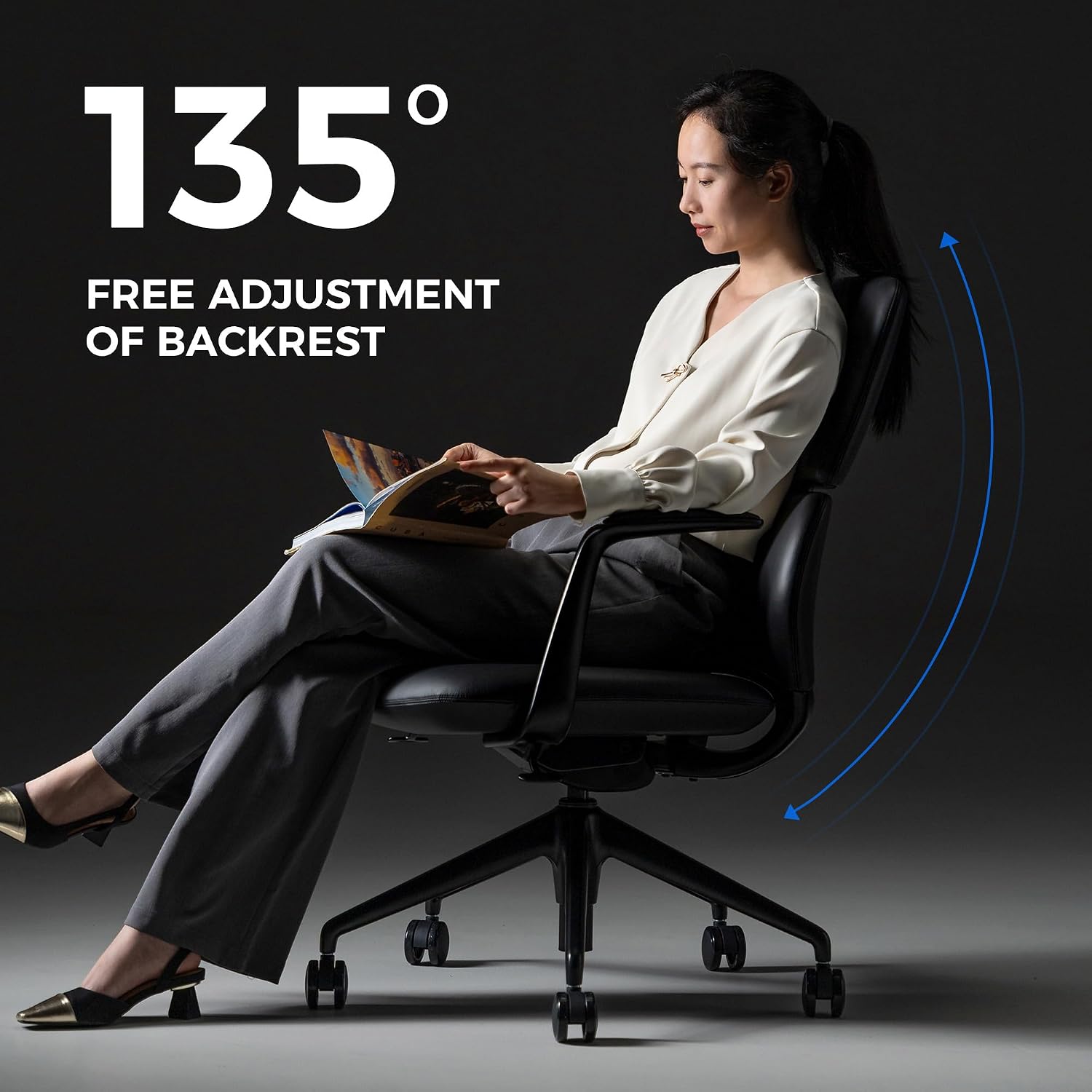 TOMU Genuine Leather Office Desk Chair with Wheels, Ergonomic Leather Executive Chair, Mid Back, Swivel Base with Adjustable Tilt, Modern Style, Luxury Aluminum Frame