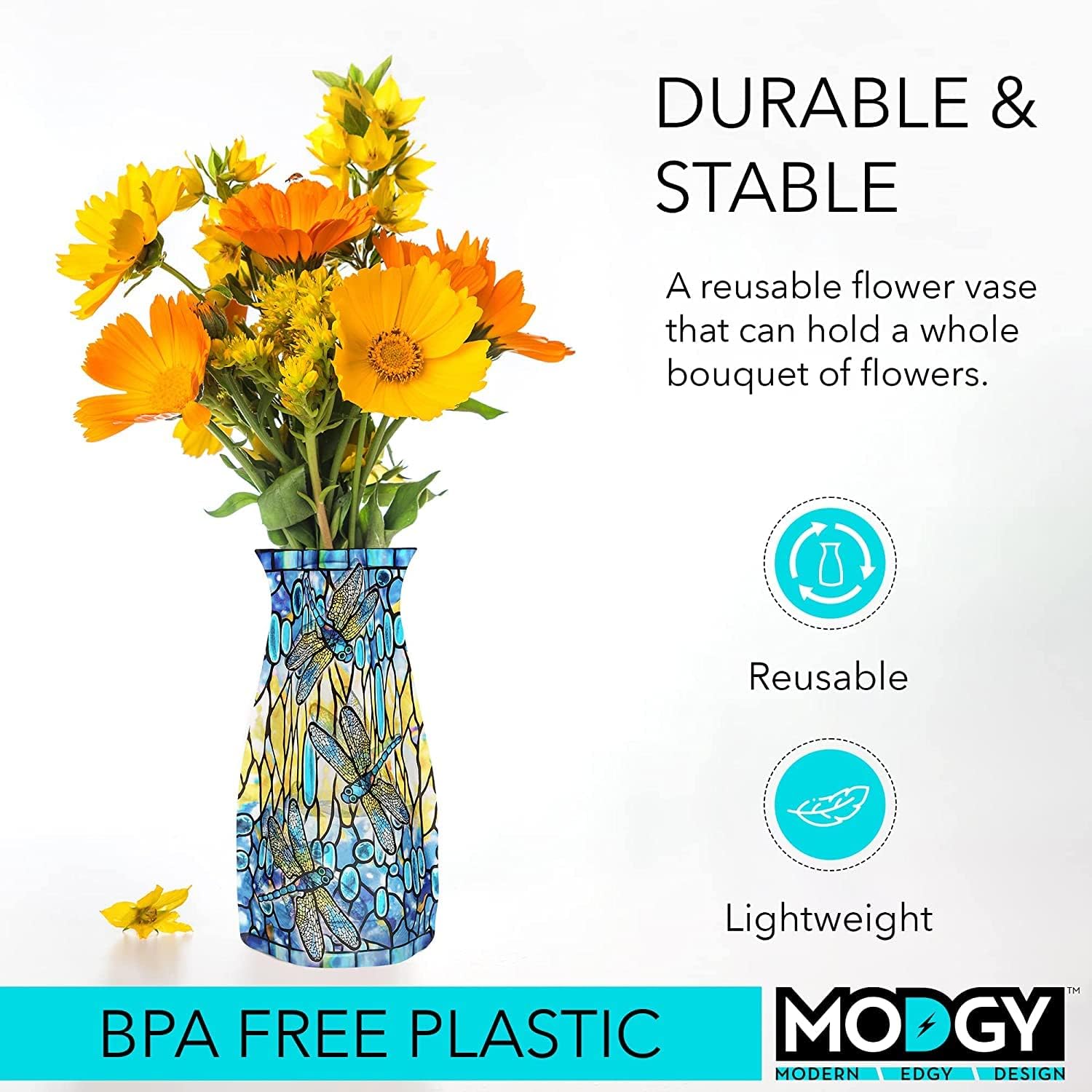 MODGY Expandable Flower Vase Plastic Decorative Modern Vases for Flowers Centerpieces Dining Table Decor Living Room Bathroom Wedding Office, Tiffany - Dragonfly