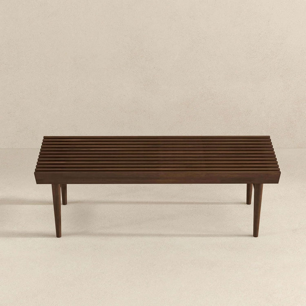 Mid Century Modern Solid Wood Bench with Natural Walnut Stain Finish 15.5'' H x 47.2'' W x 18.1'' D for Living Room, Hallway, Bedroom, Bathroom