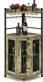 Giantex Corner Bar Cabinet with Glass Holder, Industrial Wine Cabinet with Metal Mesh Doors & Adjustable Shelf, Buffet Cabinet with Anti-tip Kit for Home Kitchen Dining Room Bistro