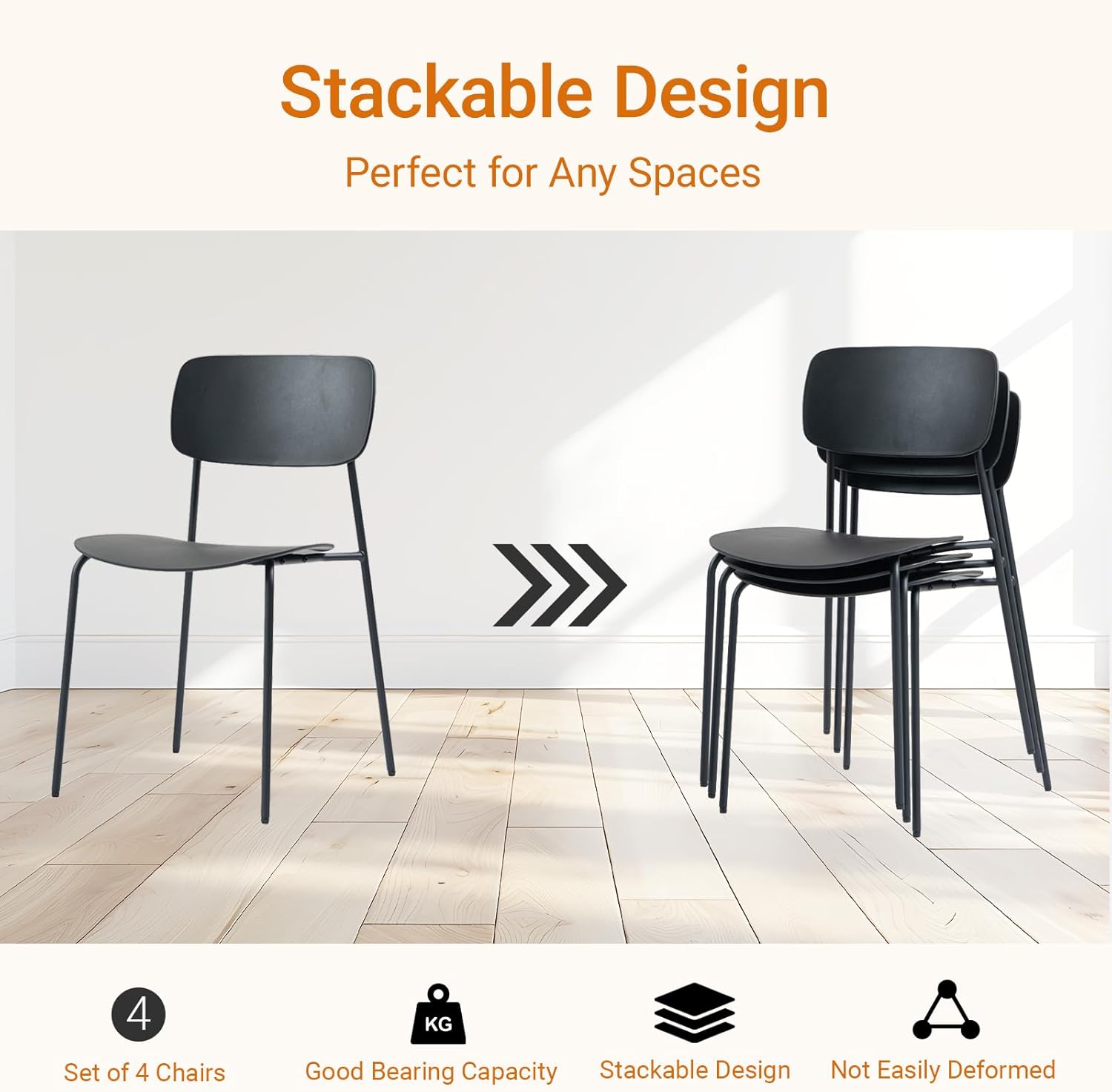 Sidanli Stackable Chairs Set of 4, Waiting Room Chairs with Metal Legs and Ergonomic Plastic Seat, Stacking Office Chairs for Conference Reception Church Banquet, Black