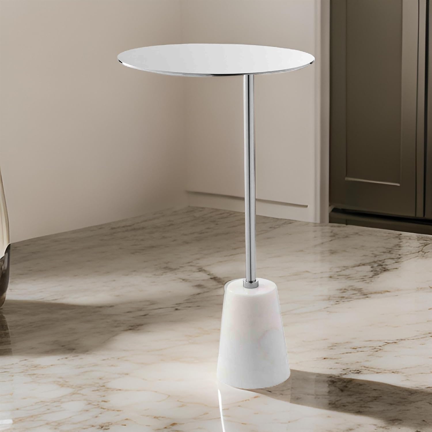 Benjara Frank 12" Drink Side End Table- Chrome Top- White Marble Solid Base