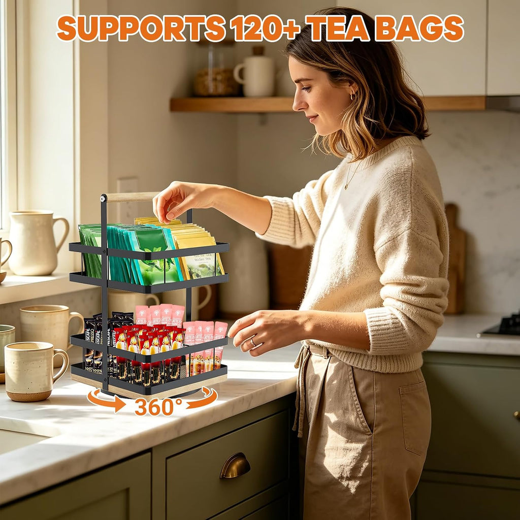 Tea Bag Organizer, 2-Tier 360° Rotating Tea Bag Holder Organizer, 8-Baskets Tea Holder Accessories Holds 120+ Tea Bags, Gift for Decor Kitchen, Cabinet, Bar Countertop Storage