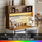 Farmhouse Coffee Bar with Hutch, 55 Inch White Coffee Bar Cabinet Storage with LED Light and Sliding Barn Door, Buffet Cabinet with 6 Hooks, Adjustable Shelves for Living Dining Room