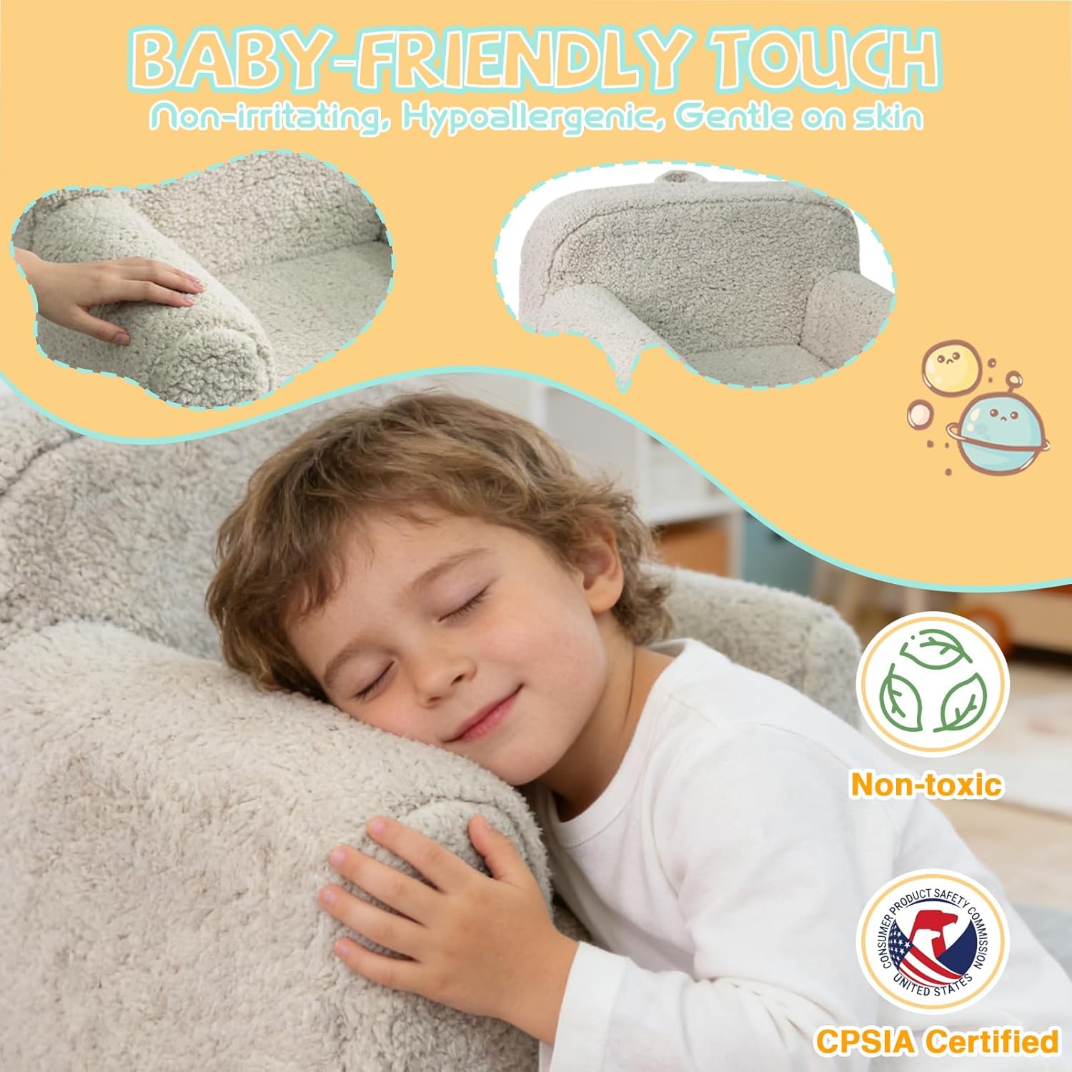 Pterying Toddler & Kids Chair Comfy for 1-3 Years Old, Toddler Couch with Washable Soft Sherpa Cover, Stable High-Resilience Foam Kid Sofa, Light Grey
