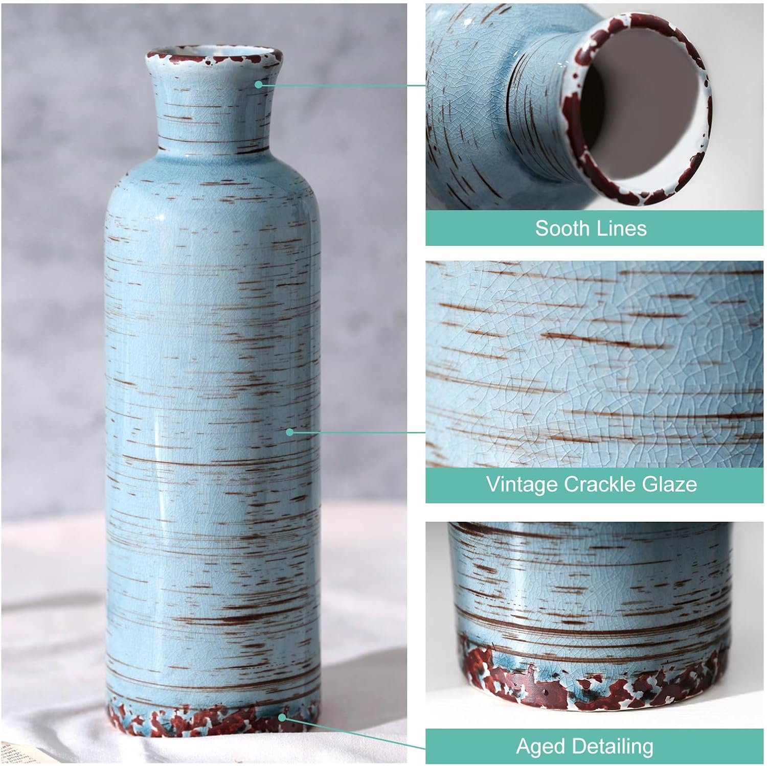 Ceramic Vase Set of 3, Vintage Glaze, Available in Three Simple Colors and Sizes, Elegant Home Decor for Living Room, Bedroom, Office, and Table Centerpieces (Multi-Gray-Blue)