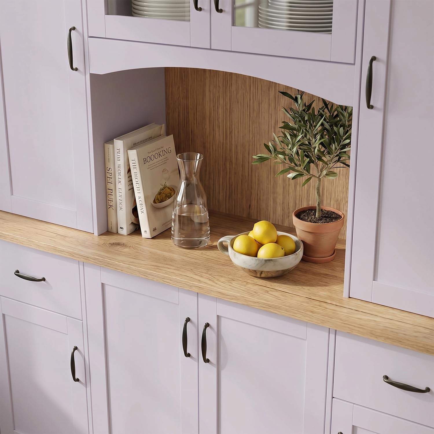 ECACAD 66.9" W Large Kitchen Pantry Storage Cabinet with Countertop & Hutch, Tall Modern Kitchen Cupboard with Glass Doors, Drawers & Adjustable Shelves for Dining Room, Purple & Brown