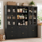 Cyclysio 3-Set Pantry Cabinets, 80" Tall Kitchen Pantry Storage Cabinets with Glass Doors, Drawers and Open Shelves, Black Kitchen Pantry Cabinet Set with Adjustable Shelves, Baseboard Cut Out