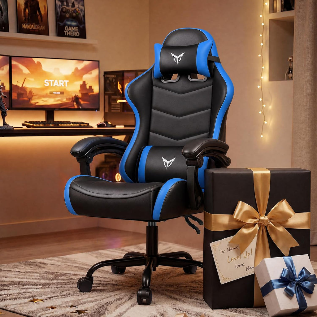 EXRACING Gaming Chair, Ergonomic Computer Chair 350lbs High Back for Adults, Height Adjustable Video Game Chair with Headrest and Lumbar Support, 360° Swivel, PU Leather, Linkage Armrest, Blue