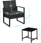Yaheetech 3 Pieces Rattan Bistro Set, Indoor/Outdoor Wicker Patio Modern Conversation Furniture, 2 Chairs & Tempered Glass Coffee Table for Garden, Balcony, Backyard, Poolside, Black/Gray