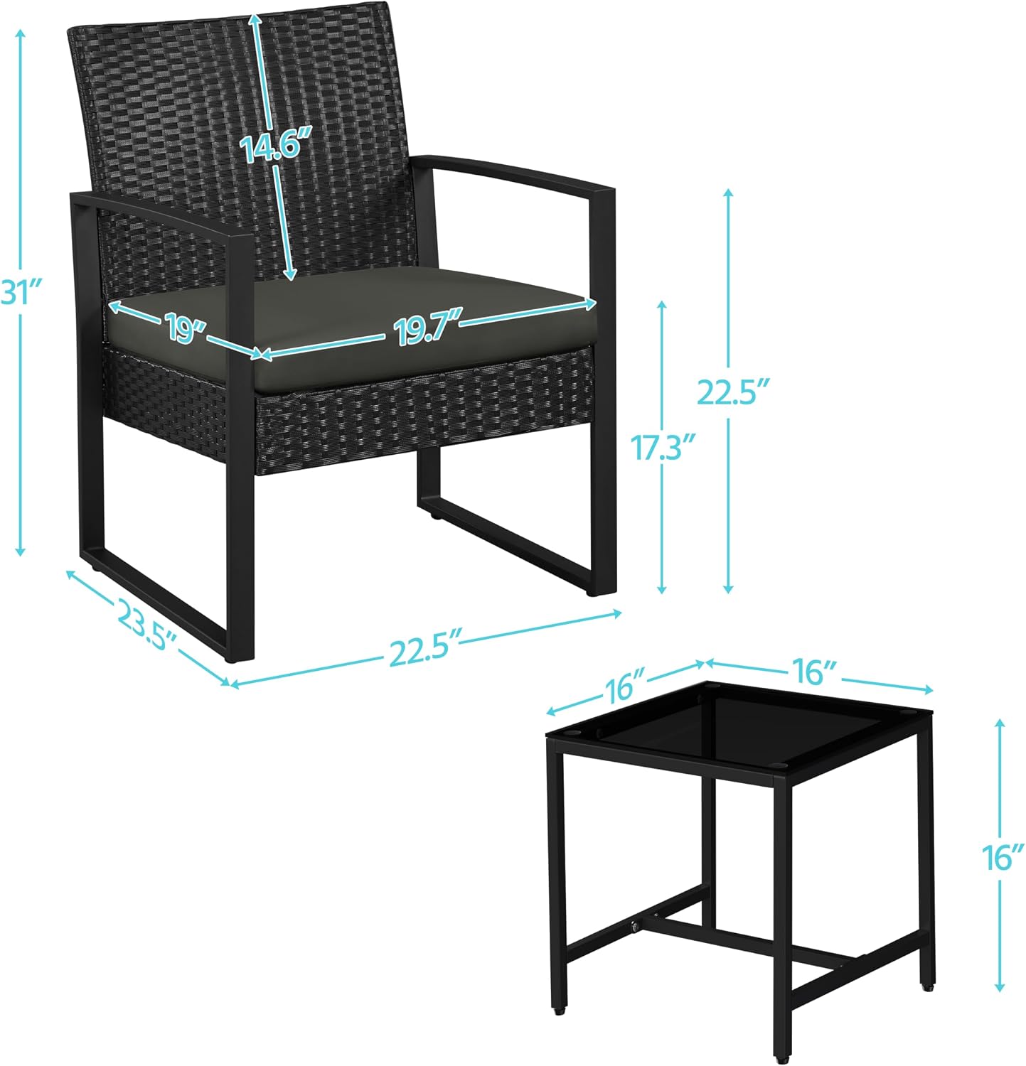 Yaheetech 3 Pieces Rattan Bistro Set, Indoor/Outdoor Wicker Patio Modern Conversation Furniture, 2 Chairs & Tempered Glass Coffee Table for Garden, Balcony, Backyard, Poolside, Black/Gray