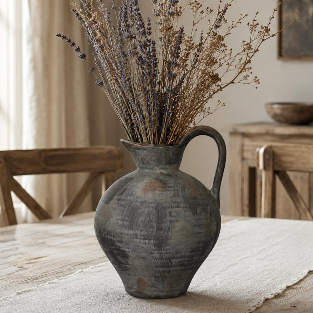 Ceramic Rustic Farmhouse Vase with Handle, 8.8 Inch Brown Vintage Vase, Rustic Ceramic Pottery for Home Decor, Farmhouse Decor Centerpiece for Kitchen, Living Room, Entryway