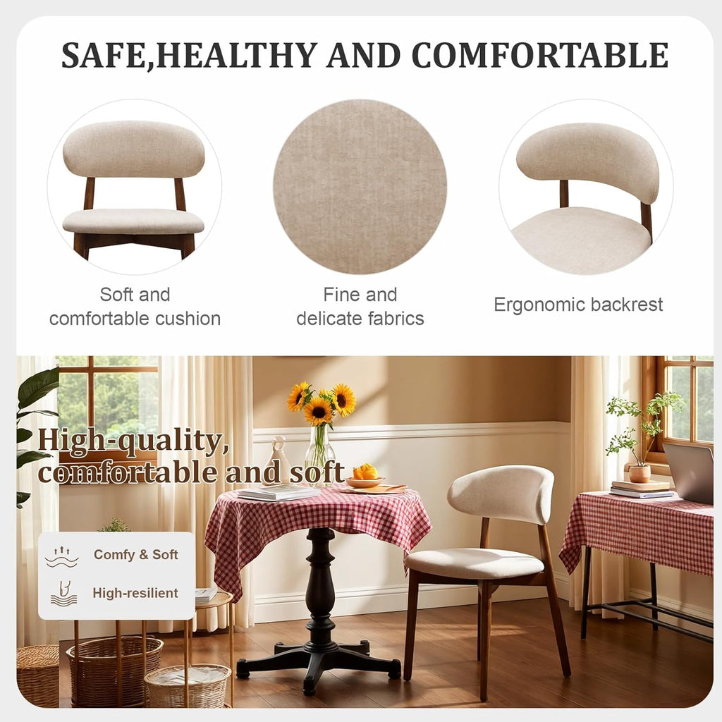 Farmhouse Dining Chairs Set of 4, Mid Century Modern Wooden Dining Room Chairs, Farmhouse Fabric Upholstered Kitchen Dinner Chairs for Living Room Restaurant Cafe, Walnut/Light Camel