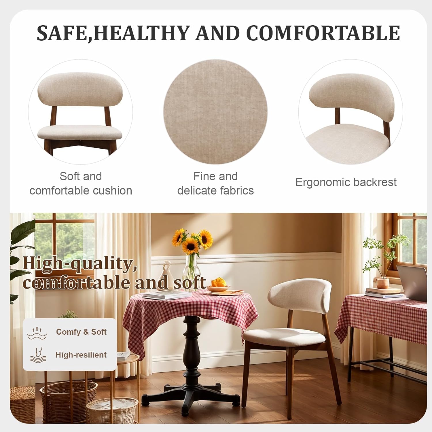 Farmhouse Dining Chairs Set of 4, Mid Century Modern Wooden Dining Room Chairs, Farmhouse Fabric Upholstered Kitchen Dinner Chairs for Living Room Restaurant Cafe, Walnut/Light Camel