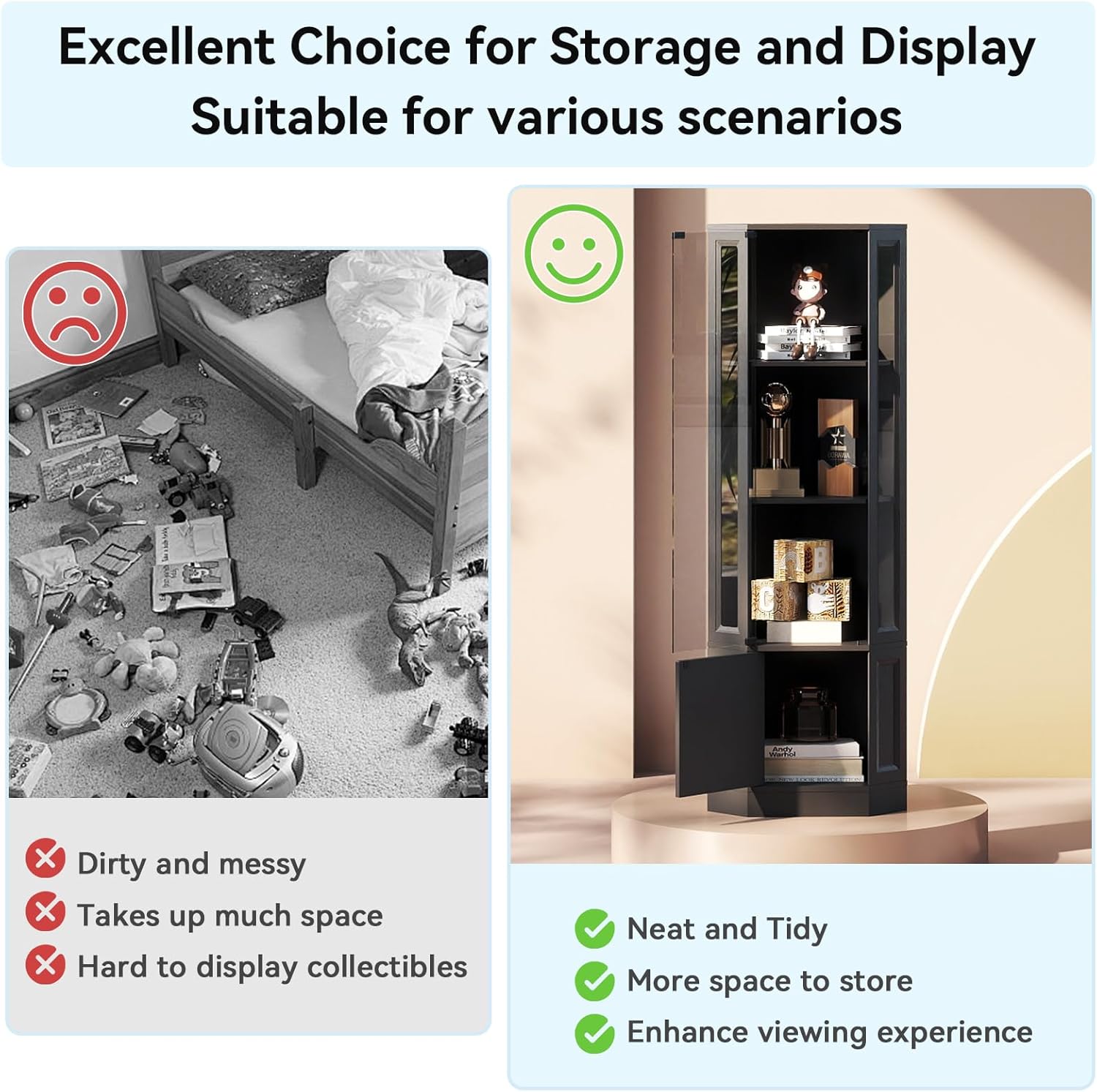 Verano Garden Corner Display Cabinet with Glass Doors, 65" Curio Cabinet w/Multi-Color LED Lights, 4-Tier Lighted Storage Display Case for Collectibles, Showcase Cabinet for Living/Game Room (Black)