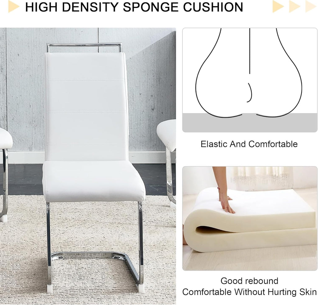 Dining Chairs Set 8, Armless White Kitchen Chairs,Waterproof Faux Leather Dinner Chairs with Upholstered Seat,Armless Side Chairs with Silver Metal Frame for Kitchen Dining Room