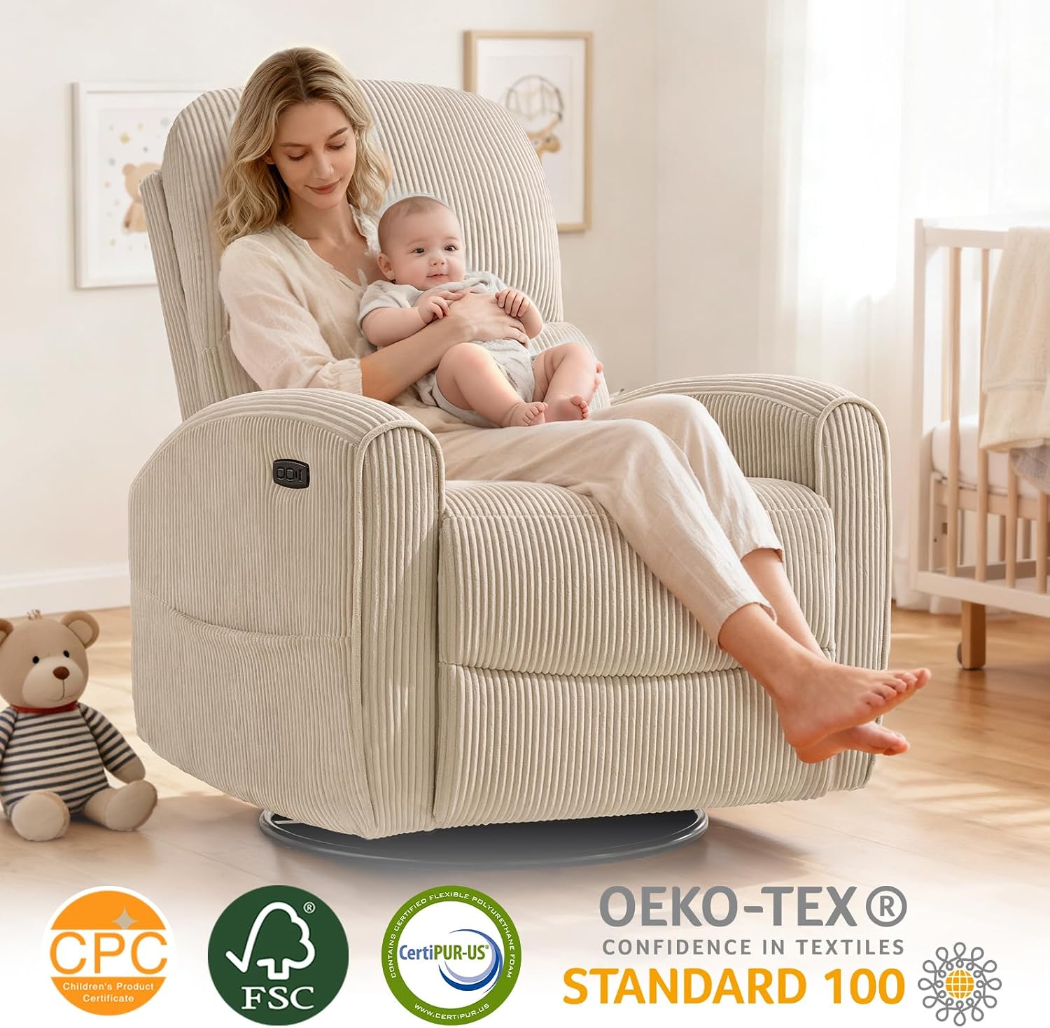 Power Swivel Rocker Recliner, Swivel Glider Nursery Electric Recliner Chair with Lumbar Support, Upholstered Rocking Recling Chairs for Adults Nursery, Living Room, Bedroom, Corduroy Camel