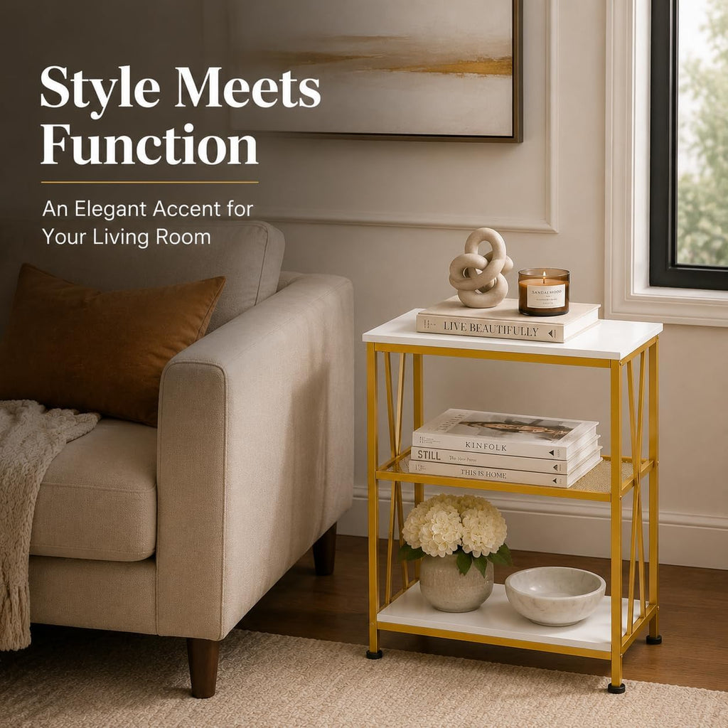 Narrow Side Table, End Table with 3 Tier Storage Shelves, Industrial Rustic Accent Skiny End Tables for Small Spaces, Slim Couch Beside Table, Small Hallway Table for Living Room (White+Gold)