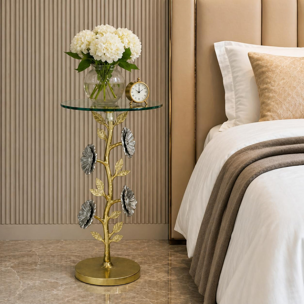 Flower Side Table with Glass Top | Decorative Sculptural End Table | Aluminum Base | Accent Table for Living Room | 16x16x23.75