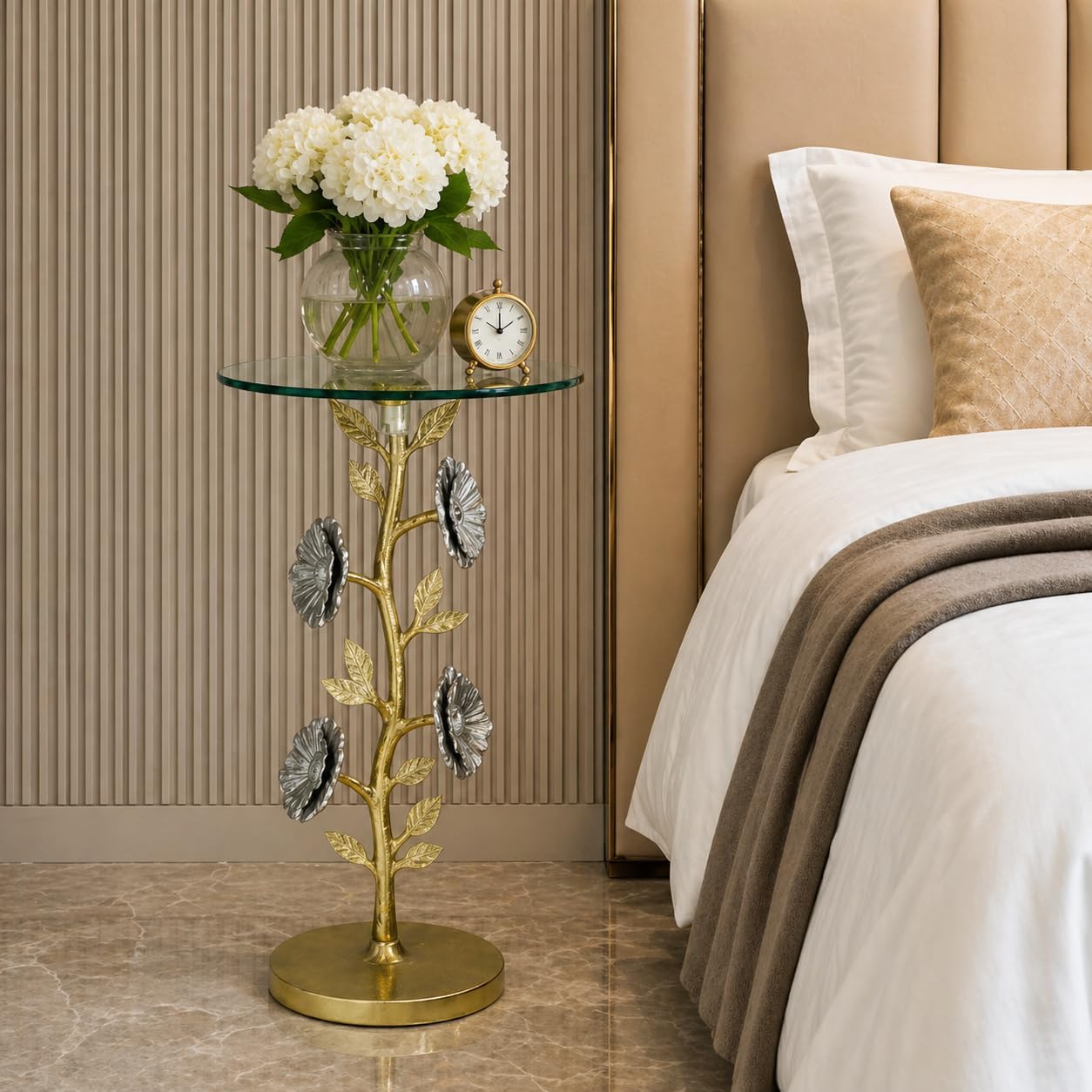 Flower Side Table with Glass Top | Decorative Sculptural End Table | Aluminum Base | Accent Table for Living Room | 16x16x23.75